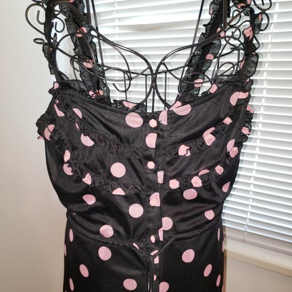 SOLD Vtg 90s Y2K Button Up Ruffled Pink Polka Dot Black Prairie Dress Jumper M - Picture 3 of 14